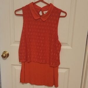 ELLE Orange Collared Lace Overlay Sleeveless Collared Blouse Size M